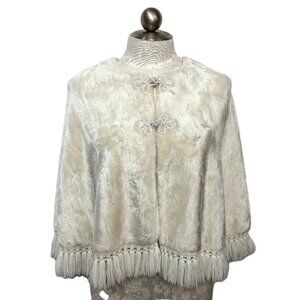 Vintage 60’s 70’s Handcrafted White Faux Fur Capelet With Fringe